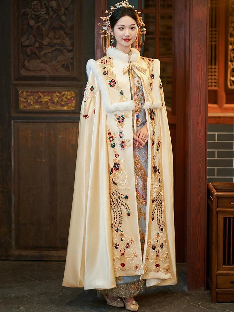 スーツ・フォーマル・ドレス L'or Cape collar Dress Womens Fur Collar Cape Long Thicken Wedding Dress Embroider