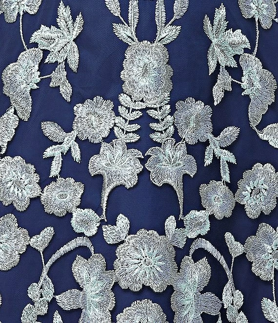 JS COLLECTIONS Navy Silver Mint Floral Embroidered Lace Mesh Maxi Gown 16 = XL - Image 4 of 4