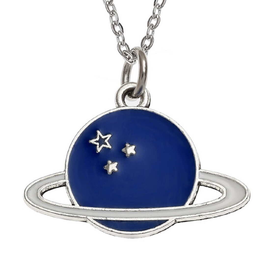 Planet Pendant Necklace Celestial Stars Saturn Blue Enamelled Unisex Jewellery