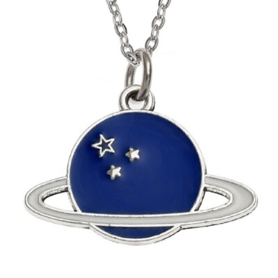 Planet Anhänger Halskette Himmelssterne Saturn blau emailliert Unisex Schmuck