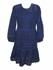 J CREW 0 Dress Navy Blue Eyelet Embroidered Flutter Hem 100% Cotton Long Sleeve