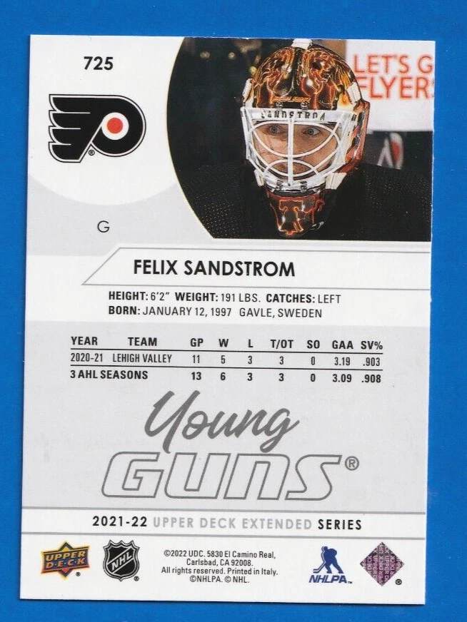 2021-22 Upper Deck Extended Series FELIX SANDSTROM YOUNG GUNS ROOKIE #725 - Image 2 of 2
