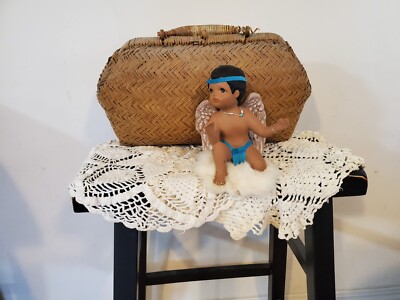 VINTAGE COLLECTIBLE  NATIVE AMERICAN INDIAN BOY DOLL Bundle doilies Straw Purse