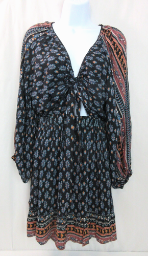 ANGIE LONG SLEEVE TIE FRONT CUTOUT BOHO DRESS Women Sz M Navy Blue Mixed Print