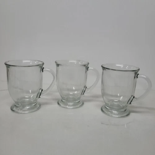 Vintage ANCHOR HOCKING CLEAR GLASS FOOTED CAFE COFFEE MUG CUP Set of 3.