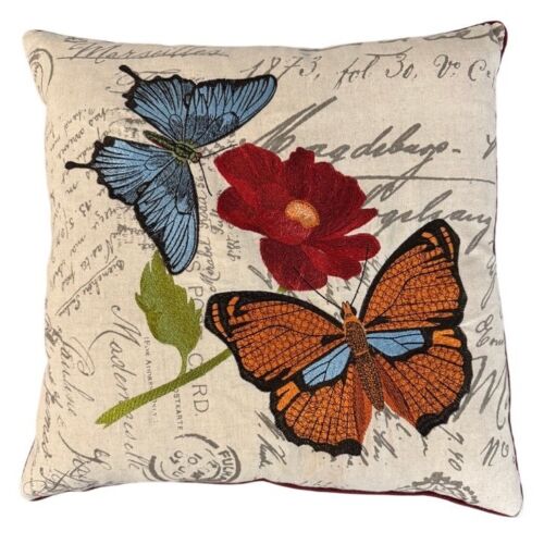 Set Of 2 Embroidered Butterfly Accent Pillow Decorative Throw Feather Filled 18"