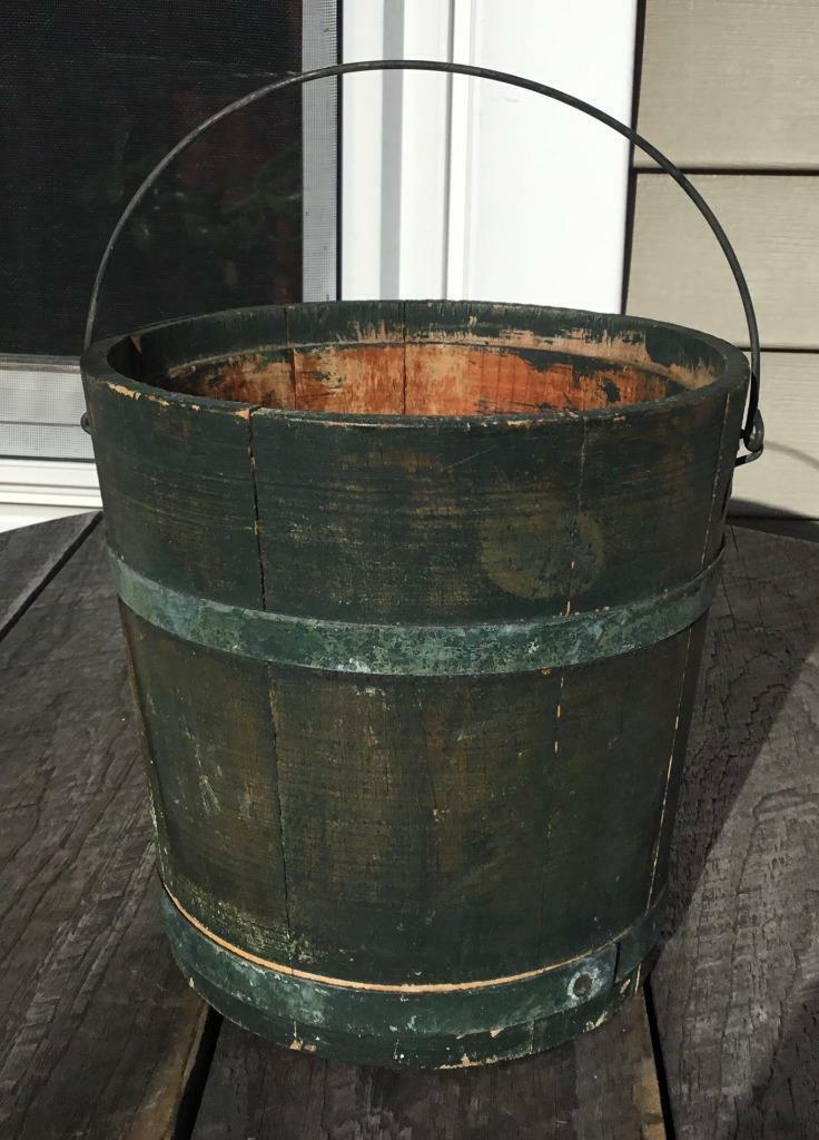 Antique Small Primitive Green Wooden Staved Pail Bucket & Swing Handle 6 3/4"H