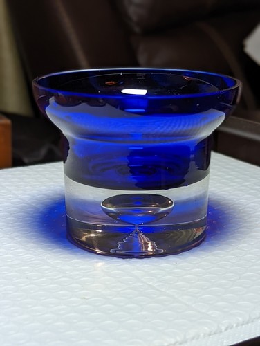 Vintage Krosno Cobalt Blue & Clear Crystal Candle Holder Trapped Bubble Base - Picture 4 of 10