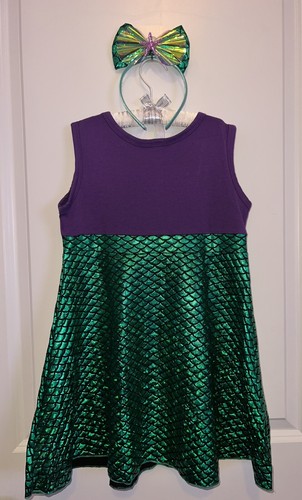 Girls Purple and Green Mermaid Scale Skater Dress with Matching Headband - Picture 2 of 6