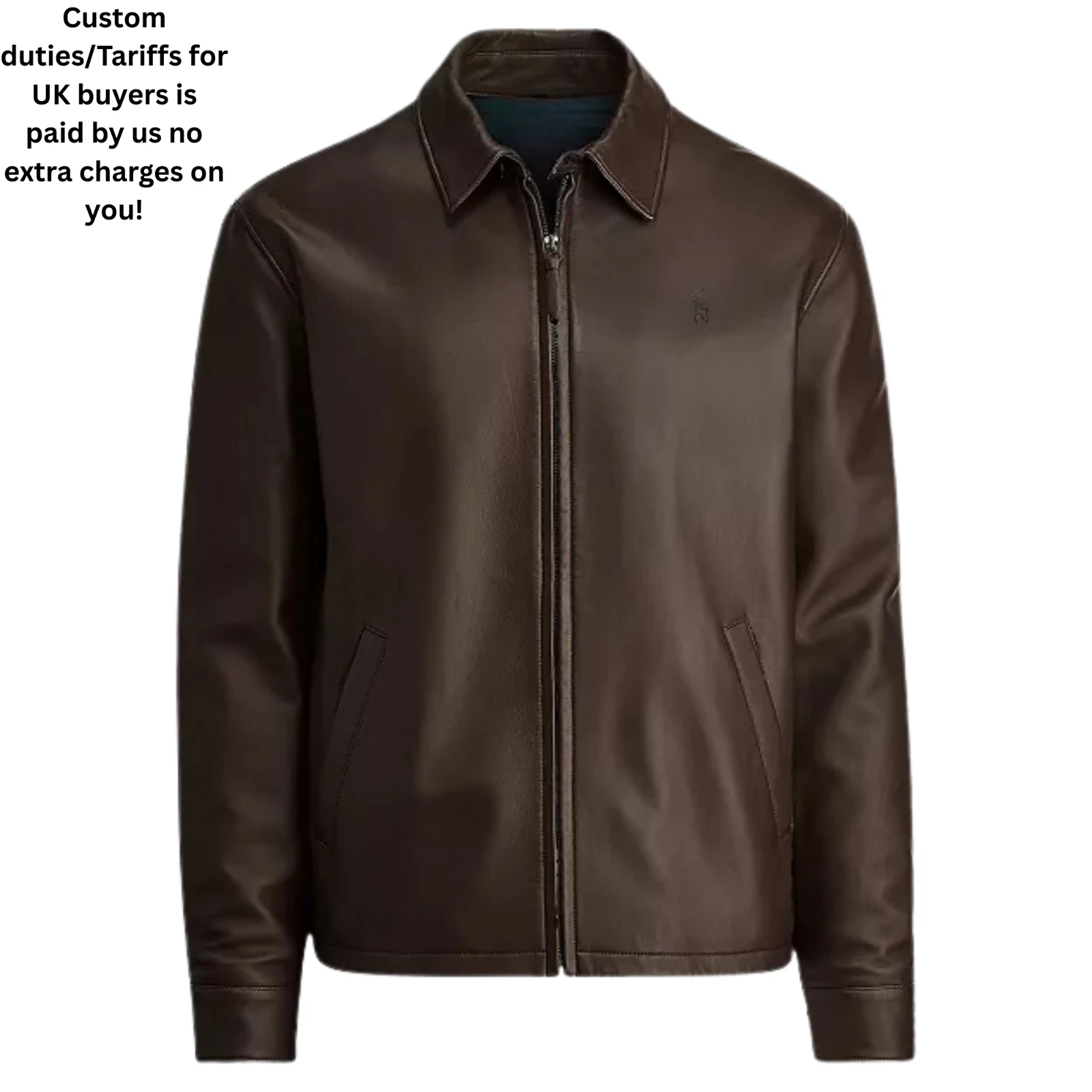 Lauren Ralph Design Brown Polo Collar Leather Jacket Motorcycle Cafe Racer Biker
