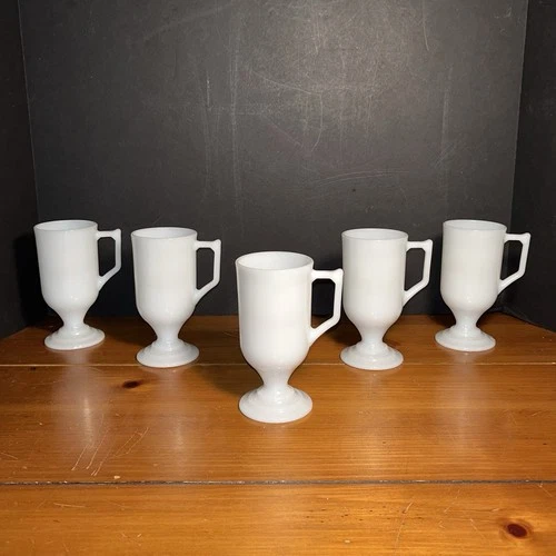Lot of 5 Vintage Milk Glass White Pedestal D Handle Tall Mugs Coffee Cups 5.5” 
