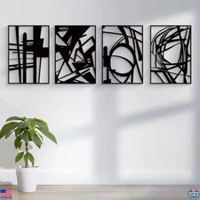 Modern Black Abstract Wall Art 4 Panel Set 16x11” Minimalist Metal Decor