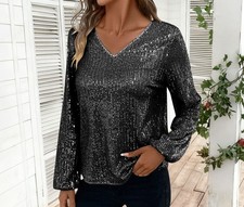UK Womens V Neck Sparkly Sequins Long Sleeve Casual Party Tops Blouse Shirts Tee