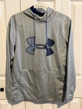 Under Armour Hoodie Mens Small Gray Sweatshirt Big Logo Pullover Coldgear Loose