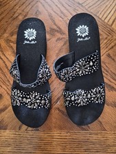 Yellow Box Black Rhinestones Wedge Heel Slide On Sandals - 9