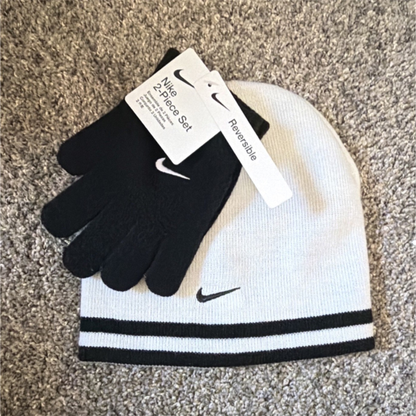Nike Boys' Striped Knit Beanie & Gloves Set Black White Logo Sports Accessory