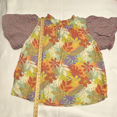 Ces Femme Multicolor Floral Ruffle Neck Puff Sleeve Blouse Short Sleeve 1XL