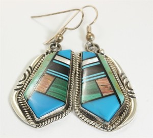 Navajo Sterling Silver Large Stamped Multi Stone Inlay Dangle Hook Earrings