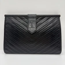 Yves Saint Laurent Clutch Bag V-stitch Purse YSL Leather Black Vintage Authentic