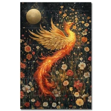 MAGICAL PHOENIX ART PRINT, Fantasy Moon Flower Poster, Gothic Fire Bird Decor