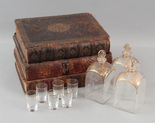 Antique 19thC French Leather Book Form Tantalus Hidden Decanters Glass Cordials
