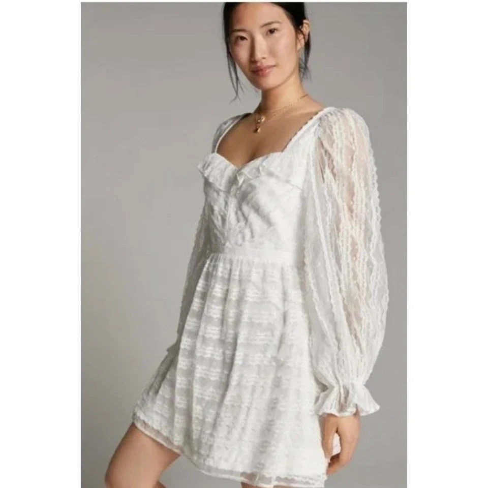 Mini Vestido ML Monique Lhuillier Blanco Encaje Manga Bishop Talla 0 — Novia Foto 3 de 4