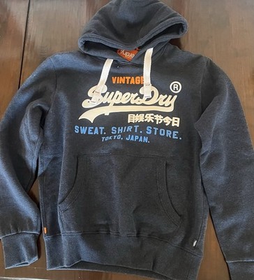 Vintage Superdry Logo Hoodie Navy Blue Mottled Orange Logo Sweatshirt Size XL