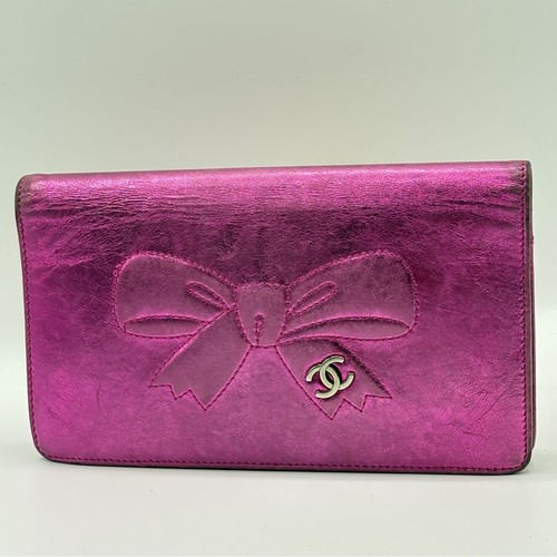 CHANEL Long Wallet Pink Ribbon Leather Authentic Elegant Design