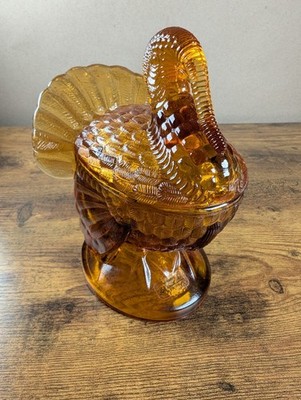 Vintage L.E. Smith Amber Glass Turkey Lidded Candy Dish Thanksgiving Decor