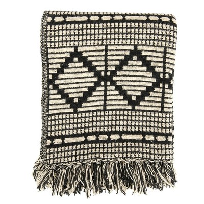 Soft Reclaimed Cotton Blend Throw with Diamond Pattern and Fringe, Black and ...