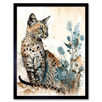 Savannah Cat and Wildflowers Watercolour Framed Wall Art Picture Print 12x16