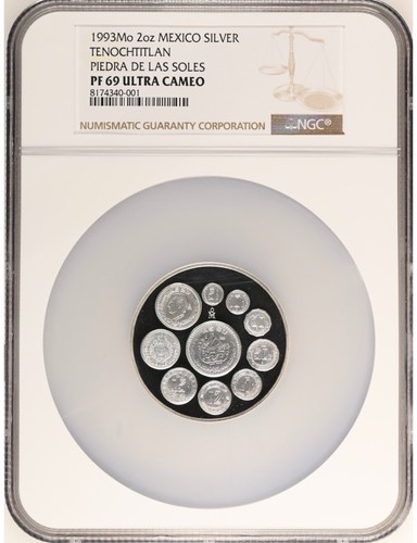 MEXICO 1993 Piedra De Las Soles Tenochtitlan 999 Silver 2 Oz NGC PF69 TOP POP