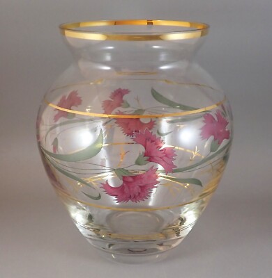 Beautiful 8 1/4'' Bohemian Glass Floral Vase Carnation Gold Trim
