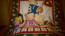 1 HAND QUILTED WALL HANGING boys/girls SPORTS BEARS HUGGING 331/2" X 42"