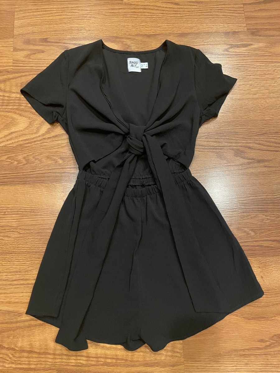 Princess Polly Ragnar Black Tie Front Short Sleeve Cutout Romper Shorts Size 4