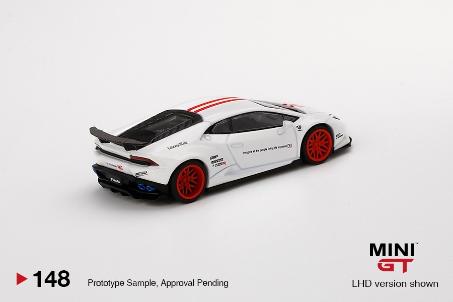 MINI GT LB★WORKS Lamborghini Huracán 148 MiniGT 148 LB* WORKS Lamborghini Huracan v1 white w/ red Stripe
