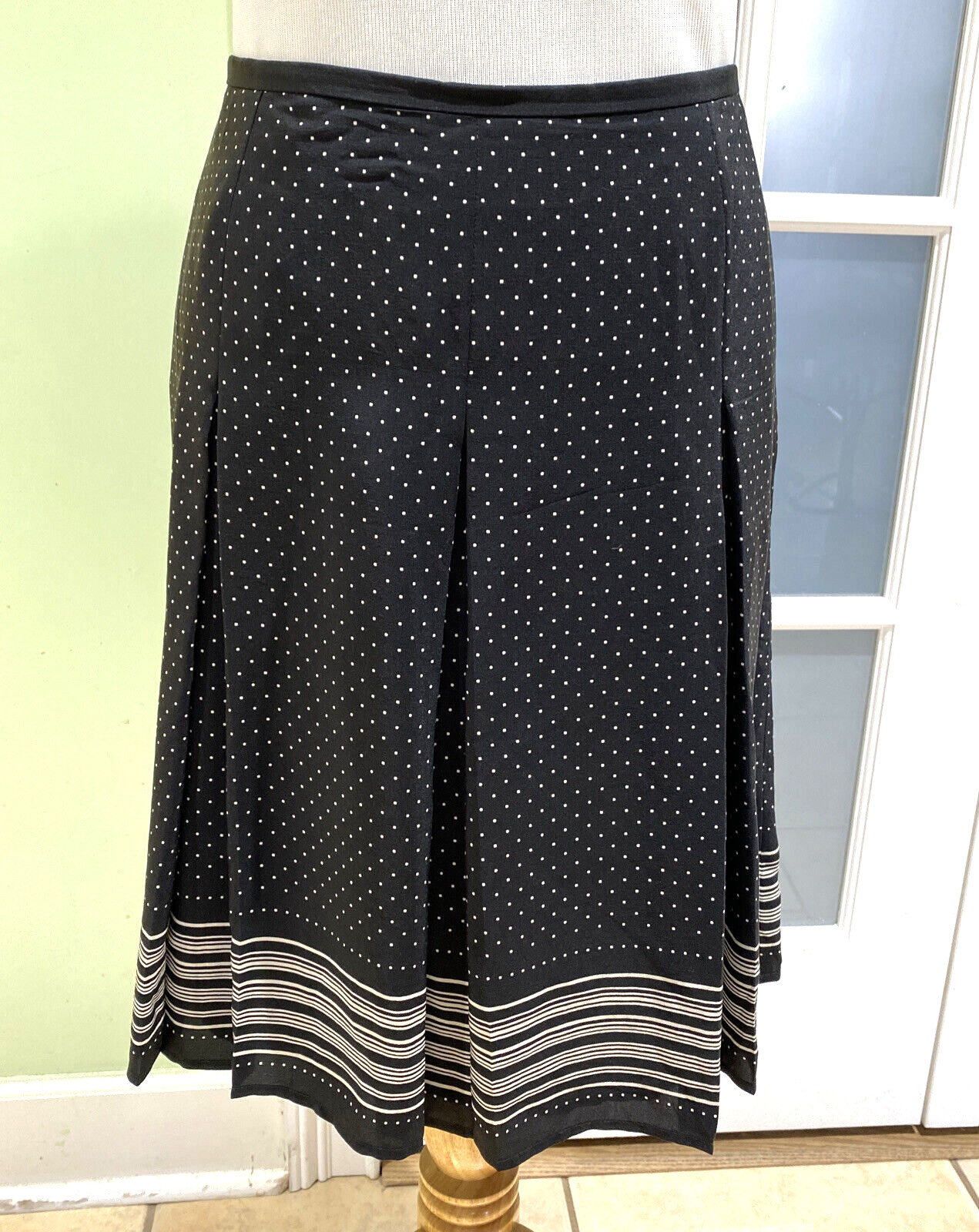 LOFT Women's 100% Silk Black Beige Polka Dot Stripes Lined Pleated