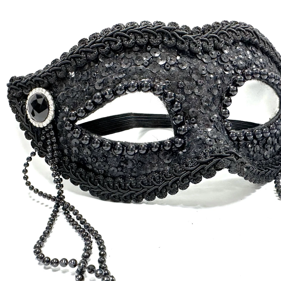 Ladies Masquerade Black Eyemask With Tassles Fancy Dress Sequins 20s Halloween - Image 4 of 4