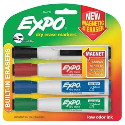 Expo Markers Dry Erase Magnetic Eraser Chisel Tip 4/Pk Ast Colors School Office