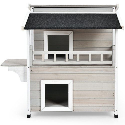 Petsjoy Wooden 2-Story Patio Luxurious Cat Shelter House Condo w/ Large Balcony