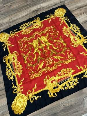 GIANFRANCO FERRE Lion Angels Print  34x34 Large Silk Square Scarf Red Black Gold