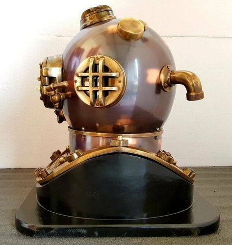 Iron & Brass Antique Style Mark V Scuba Divers Diving Helmet W/Black Wooden Base - Picture 1 of 4