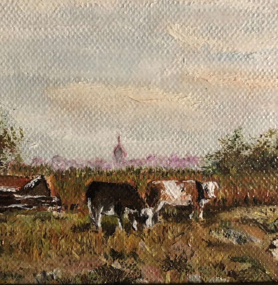 Paysage normand animé de vaches. Huile sur panneau de bois encadrée - Photo 2/4