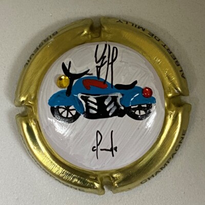 1 Champagnerkapsel handbemalt ALBERT DE MILLY, BLAUES MOTORRAD