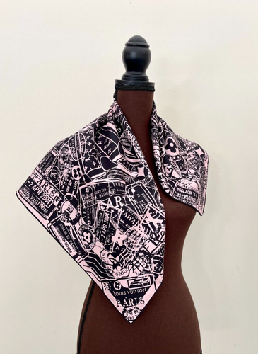 Louis Vuitton Paris Stamps Luggage Trunks Travel Black Pink Silk Scarf - Afbeelding 6 van 16
