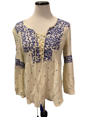 Anthropology Women's Embroidered Vanessa Boho Cream Top Size 10
