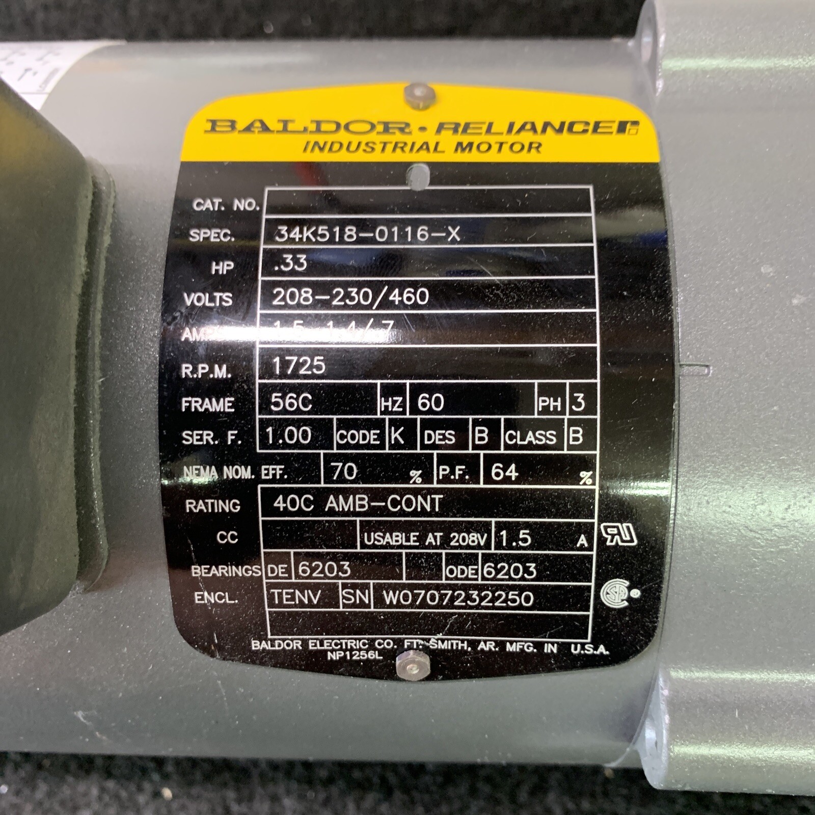 BALDOR 34K5180116X BRAKE MOTOR, .33HP, 1725RPM, 3PH, 60HZ