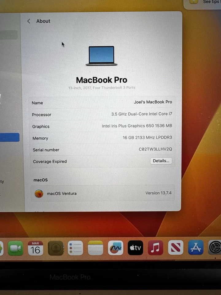 Apple MacBook Pro 13" 2017 · i7 · 16GB · 256GB, photo 1 of 5
