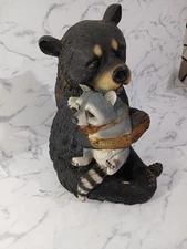 Black Bear Hugging Raccoon Figurine Vtg
