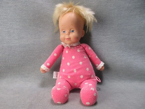 Vintage Drowsy Mattel Cloth Doll Pull String WORKS Pink White Polka Dot 1960s